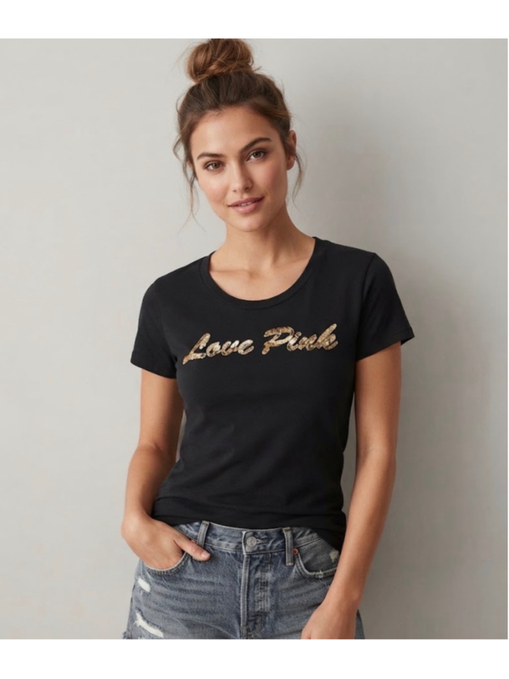 Victoria's Secret PINK Black Rose Gold Love Pink Short Sleeve Tee Size XS